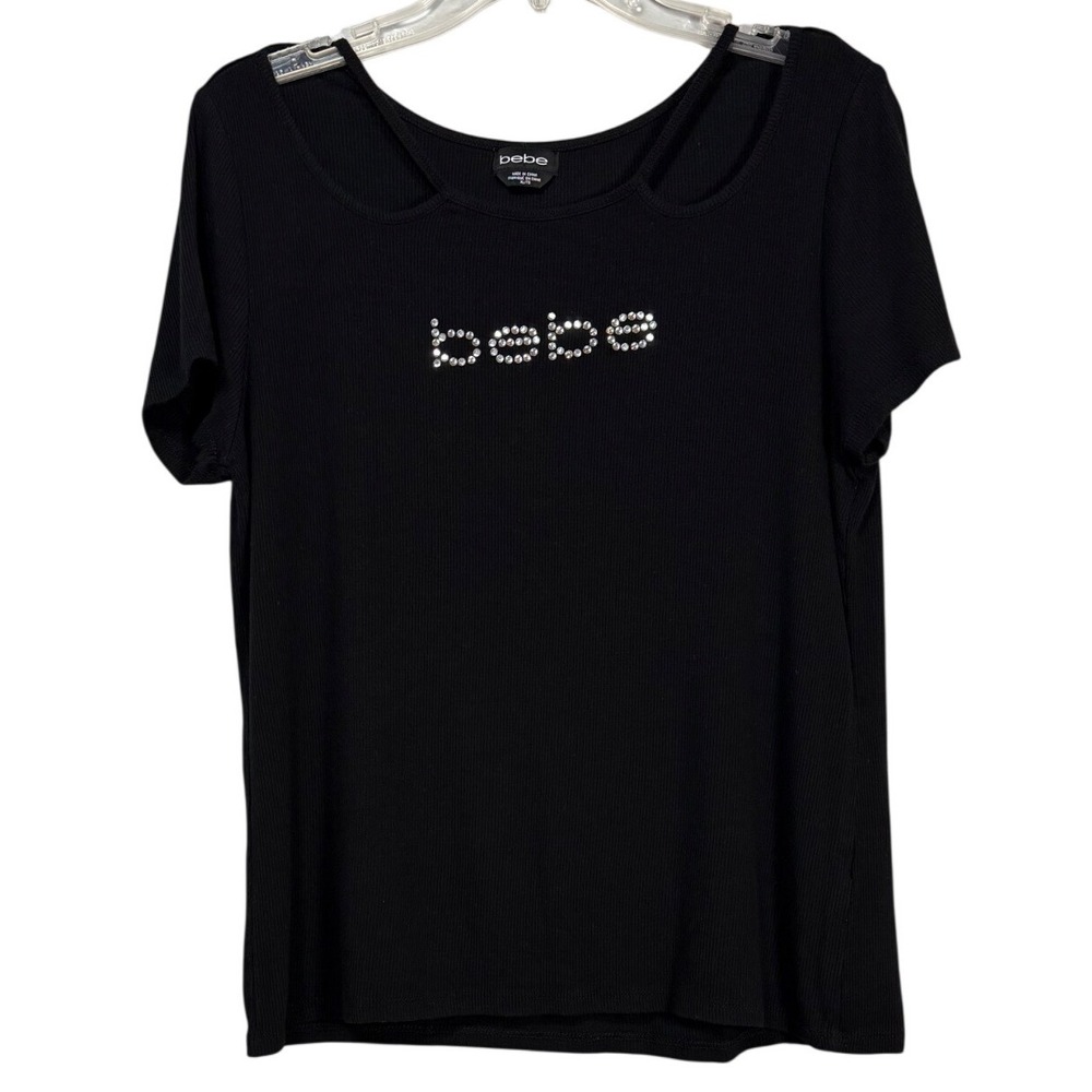 BEBE Rhinestone Logo Cutout Tee, Neck Cut Out, Absolute Y2K, Black, Size XL